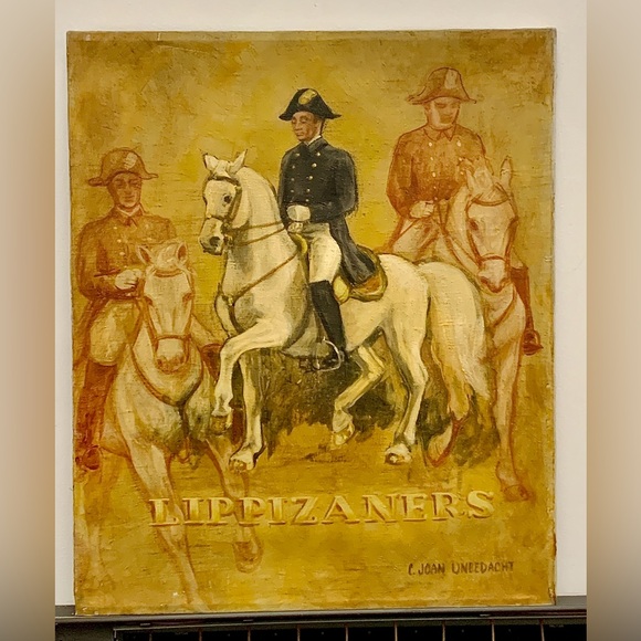 Mid Century Vintage Acrylic on Canvas Soldier Mounted Lippizaners Horse Painting - Picture 12 of 15